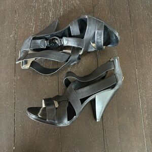 MMK MICHAEL‎ Michael Kors Black Leather Strappy Sandals Heels Sexy Size 7.5